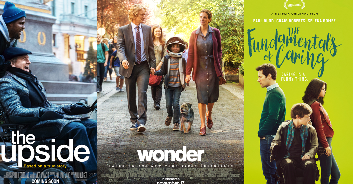movie posters for a man in a wheelchair and his caregiver riding on a back, a boy wearing an astronaut helmet with his parent and a man in a wheelchair with a middle-aged man on the left and young woman on the right